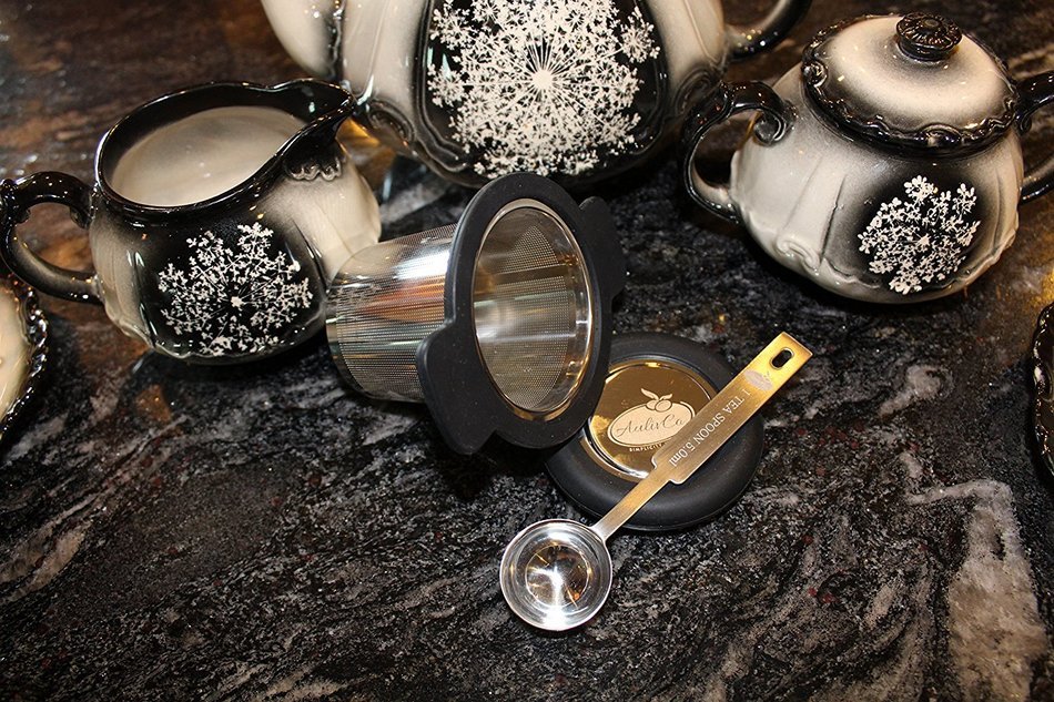 AulivCo Tea Infuser Set Bundle with Mesh Stainless Steel Strainer, Black Silicone Handle, Lid and Teaspoon N2