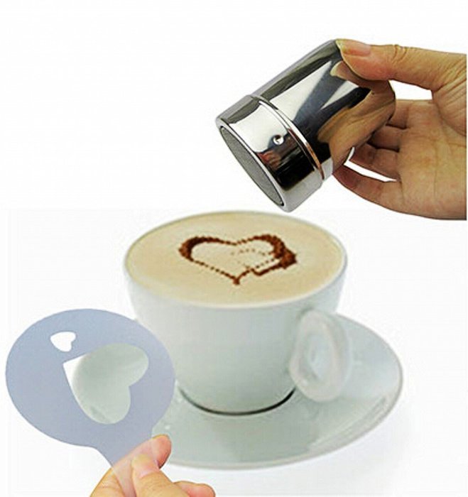 Coffee Stencils Latte Art Cappuccino Plastic Plate Template 16 Designs Decorating Tool + Mesh Shaker + Spoon N3
