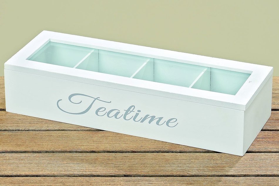 The Premium Tea Time Chest Organizer, White with 4 Large Compartments and Window Top, (13 L x 4 3/8 W x 2 &frac34; H... N2
