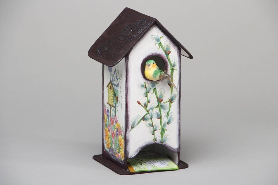 Handmade Glass Tea House Box Storage Kitche Decor Decoupage Painting N3