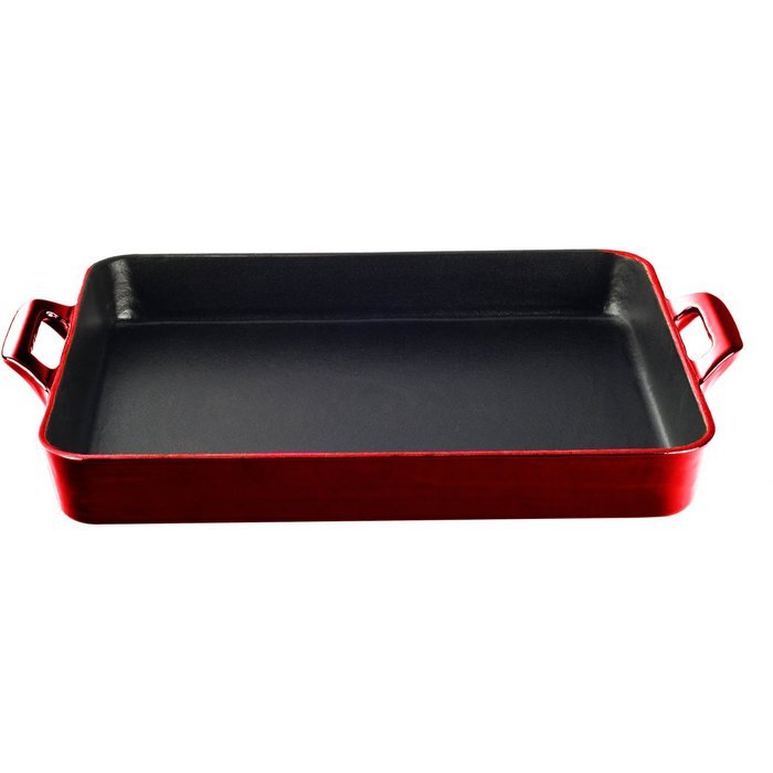 La Cuisine LC 8100 1 Piece Shallow Cast Iron Roasting Pan with Enamel Finish, Red
