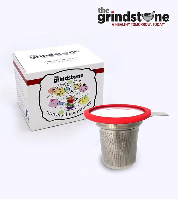 the Grindstone, Universal Tea Infuser, Easy Brewing of Loose Leaf Teas, Stainless Steel with Red Lid (New Item) N2