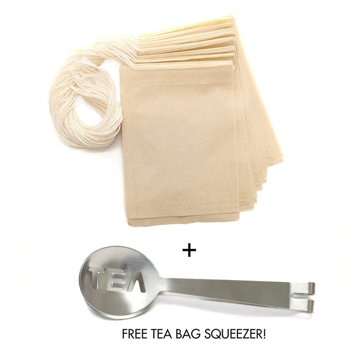 Natural, Unbleached Empty Drawstring Tea Filter Bags w/ Free Tea Bag Squeezer | Biodegradable Paper Tea Bags for...