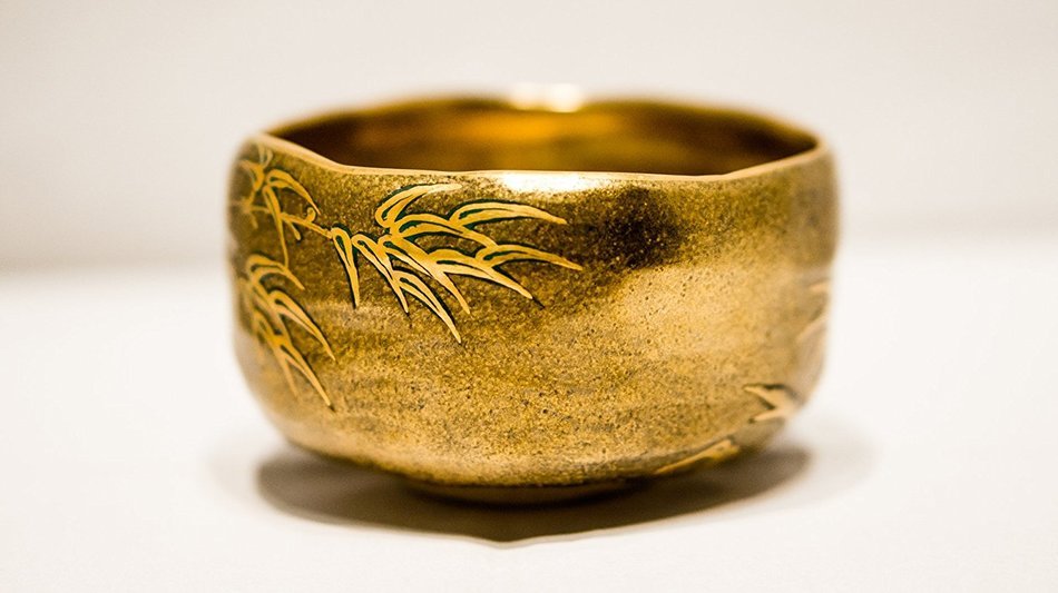 Matcha bowl chawan Kutaniyaki gilded with gold leaf Artist Artwork Hasegawa Suikou N8