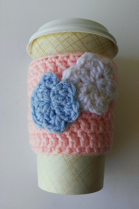 Coffee Sleeve- Coffee Cozy Cup Sleeve - Pink with Flower Appliques N2