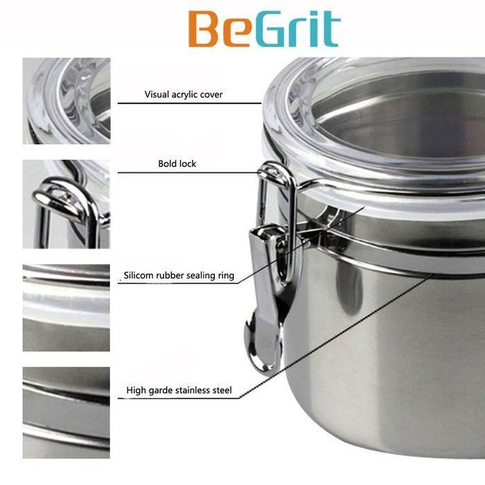 Coffee Tea Storage Canister - BeGrit 4 Piece Stainless Steel Clamp Jars Set with Clear Lid N4