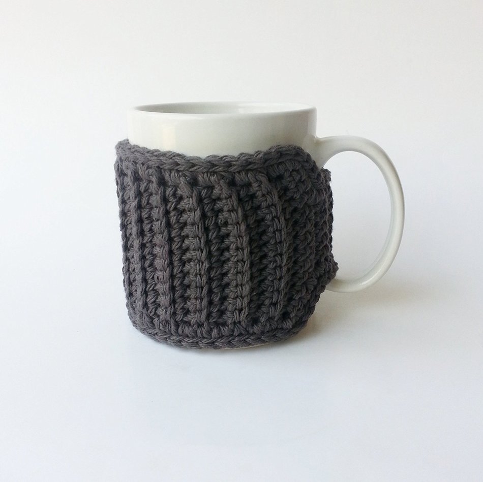 Coffee Mug Cozy Grey with Flower Button