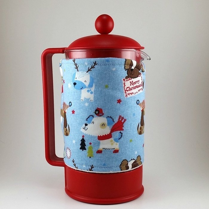 French Press Cozy, Cafetiere Cosy, Christmas, Holiday Dog Theme N4