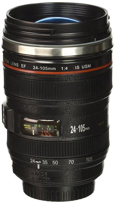 Lens Style Stainless Steel Travel Coffee Mug/Thermos with Leak-Proof Lid, 24-105mm, Black with Transparent Lid N3