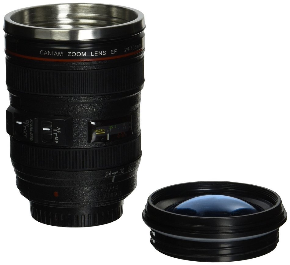 Lens Style Stainless Steel Travel Coffee Mug/Thermos with Leak-Proof Lid, 24-105mm, Black with Transparent Lid N4