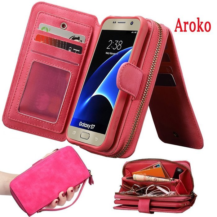 Samsung Galaxy S7 Dermis Wallet case,Aroko Handmade Genuine Cowhide Leather Wallet Cover Case Large Capacity Leather... N18
