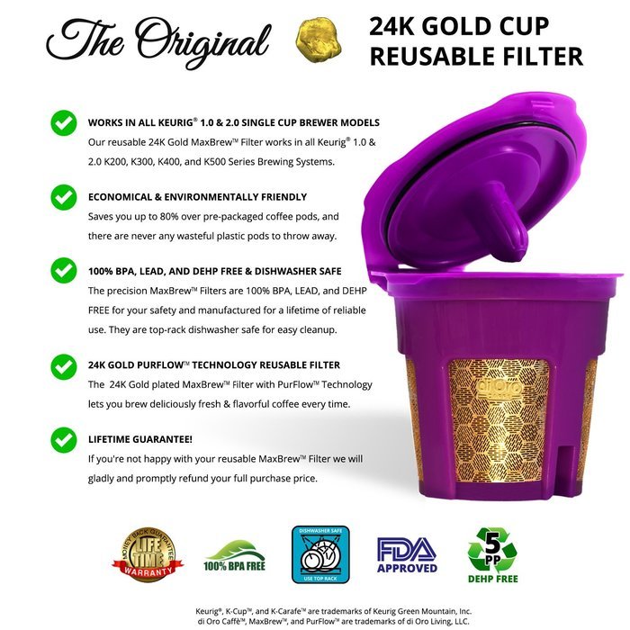 MaxBrew 24K GOLD K-Cup Reusable Filter for Keurig 2.0/1.0 Small Single K-Cup N5