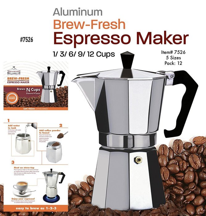 Wee's Beyond 7526-12 Brew-Fresh Aluminum Espresso Maker, 12 Cup, Silver