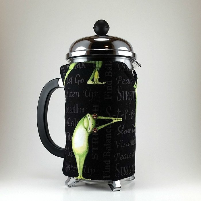 French Press Cozy Cover, 8 cup, Cafetiere Cosy, Insulated Frog, Yoga Decor N4