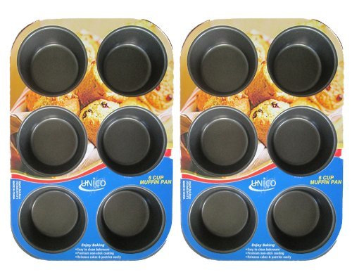 Unico 2 Pack 6 Cup Muffin Pan 12.6" x 8.5" x 1.5" Premium Non-Stick Coating Heavy-Gauge Aluminized Steel