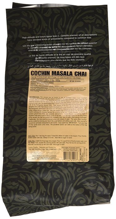 Metropolitan Tea 200 Count Pyramid Shaped Teabags, Cochin Masala Chai N2