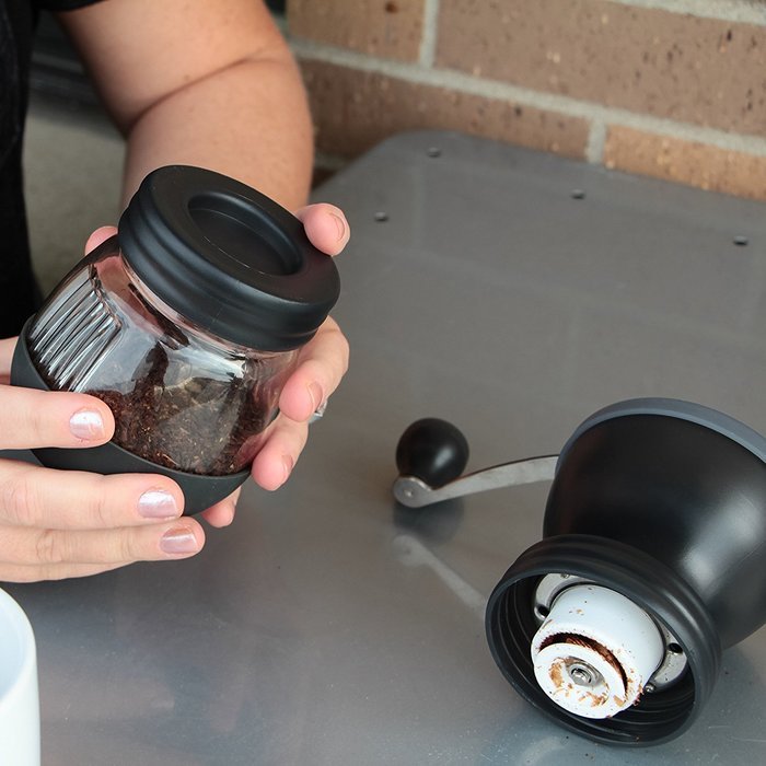 Khaw-Fee HG1B Hand Coffee Grinder with Ceramic Burr, Glass Jar and Storage Lid in Black N4