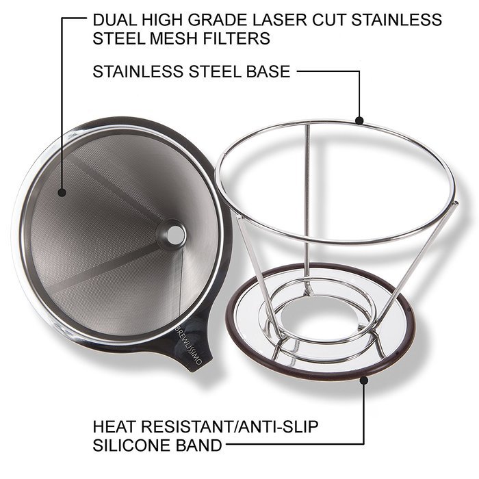 Stainless steel coffee dripper filter. Reusable paperless coffee cone with separate stand. Environmentally friendly... N6