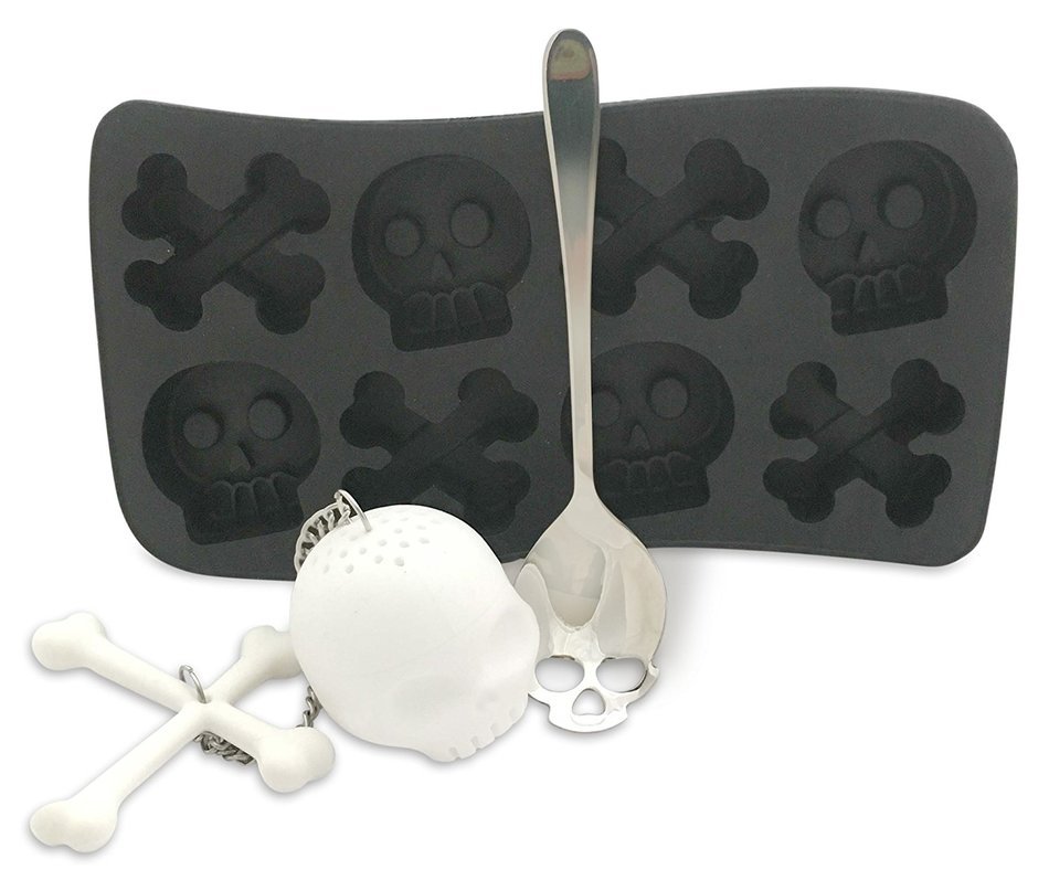 Skull Tea Set: Strainer Infuser, Ice Cube Tray, Teaspoon - Stocking Stuffer Gift (Black Magic)