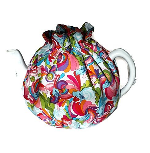 Teapot Cozy, tea warmer with Blue birds and Orange, Red, Blue paisley on white for a 5-8 cup teapot #320 N3