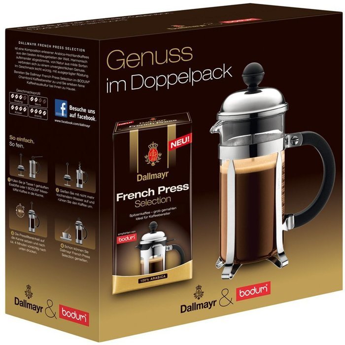 Dallmayr Bodum Chambord Kaffeebereiter (3 Tassen) und French Press Selection (250g), 1er Pack