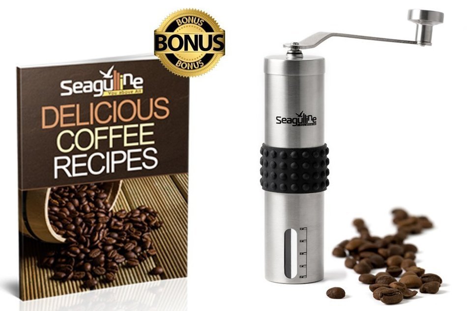 Premium Manual Coffee Grinder By Seagulline | Durable Stainless Steel Body & Firm Silicone Cover | Coffee Indicator... N8