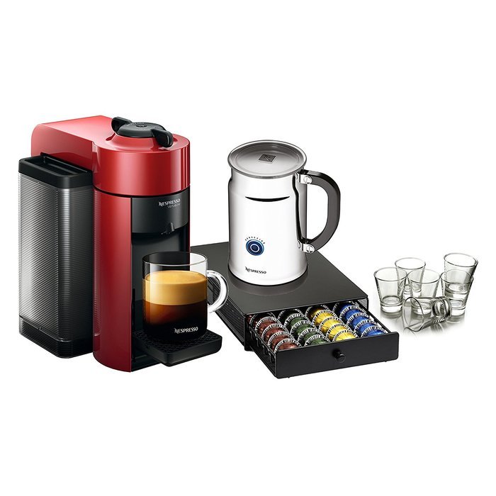 Nespresso VertuoLine Evoluo Cherry Red Coffee and Espresso Maker Bundle with Aeroccino Plus, 40 Capsule Storage...
