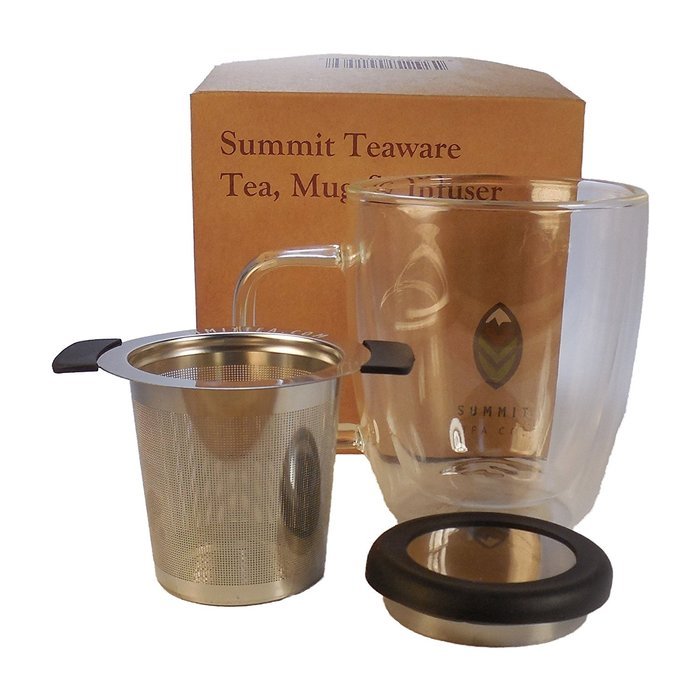 Summit Tea - Our Best Stainless Steel Tea Infuser and Double Walled 12 Oz Glass Tea Mug with a Tea Sample N3