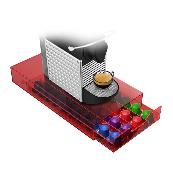 NESMODTRY-RED "Plexus" 40 Capacity Coffee Pod Drawer for Nespresso Capsules, Red/Clear N2