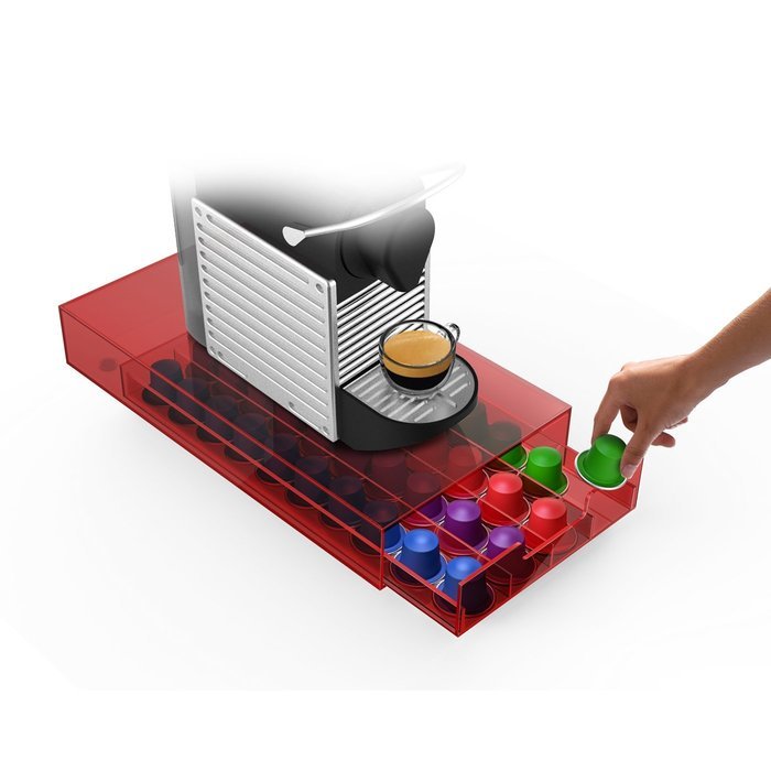 NESMODTRY-RED "Plexus" 40 Capacity Coffee Pod Drawer for Nespresso Capsules, Red/Clear N3
