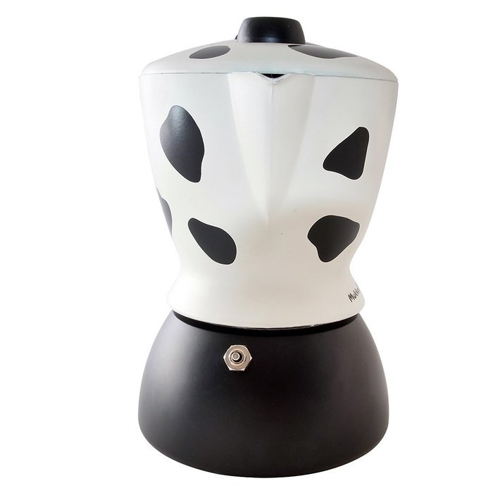 Bialetti Mukka Express 2-Cup Cow-Print Stovetop Cappuccino Maker, Black and White N4