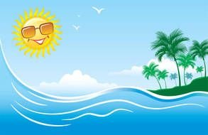drawn sea wave, island and sun
