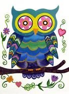 Cute colorful Owl on branch, drawing