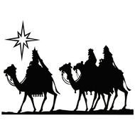 silhouettes of three wise men on camels