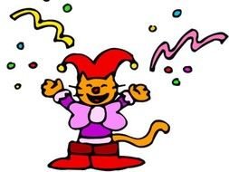 picture of a happy cat in a jester costume