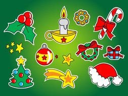Christmas attributes on the green background