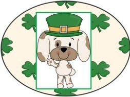 painted puppy in a green frame among clover leaves