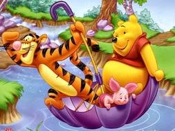 bunch of Winnie The Pooh characters sailing in umbrella