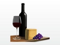 drawn bottle of red wine, cheese and grapes
