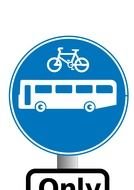 round blue sign with a picture of a bus and a bicycle