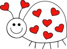 black and white drawing of a ladybug with red hearts