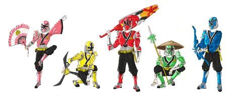 drawn Power Rangers Samurai on a white background
