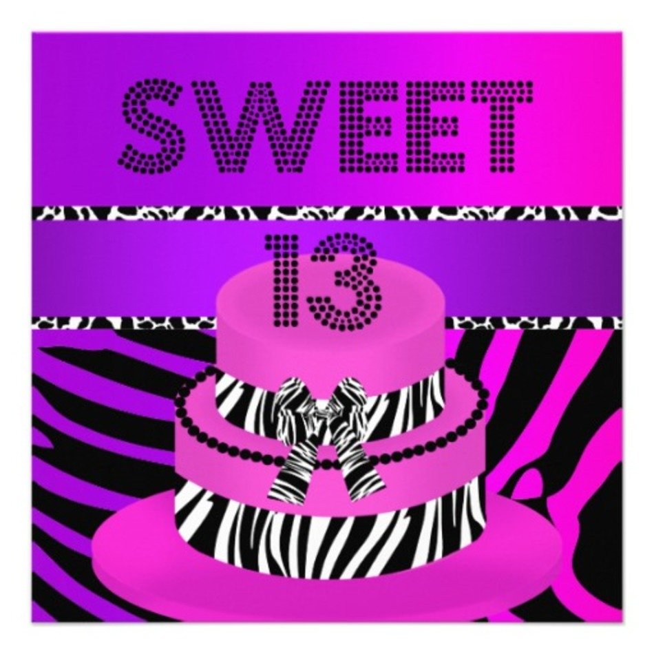 Sweet 13 13th Birthday Zebra Purple Pink Cake Announcements From