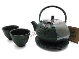 Green Bamboo Cast Iron Tetsubin Tea Pot Kettle Set (w/ TRIVET) N2