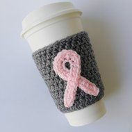 Crochet Coffee Sleeve Grey with Pink Ribbon Breast Cancer Awareness N2