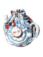Teapot Cozy Christmas themed with Snowmen on Sky Blue fabric,Quilted Teapot cozy sky blue with snowmen and snowflakes...
