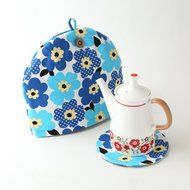 Northern European Style Blue Flowered Cotton Cloth Tea Cozy with Teapot Coaster Handmade by Japanese Craftsman... N3