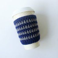 Cafe Latte Cozy, Crochet Coffee Sleeve, Striped Coffee Cup Sleeve, Navy and Grey Cup Cozy