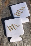 Mr and Mrs Can Coolers, White & Gold Can Insulators, Couples Gifts Set N3