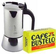 Bialletti Venus Stainless Steel 4 Cup Coffee maker. Includes one Bustelo 10 0z vacuum coffee pack.